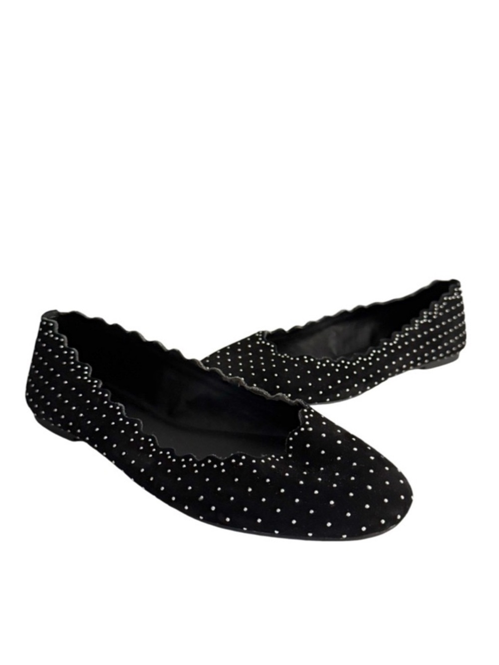 Gianni Bini GB Ballet Flats Silver Studded Scalloped Edge Shoes Black Size 9.5